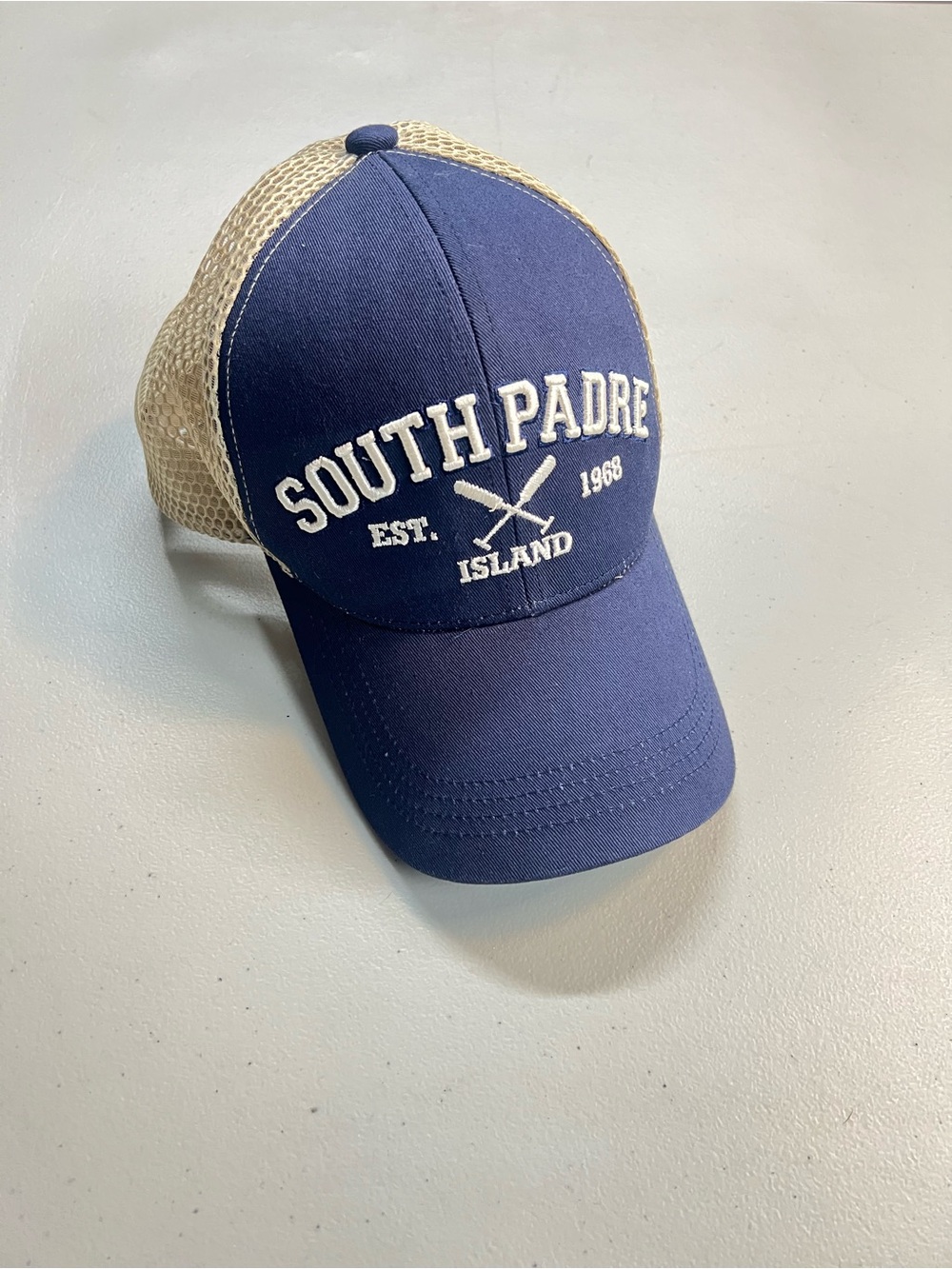South Padre Island Mesh Trucker Hat Snapback Blue Tan Beach Coastal Cap